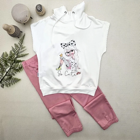 LitaeTrend 3-4-5 Yaş Kapşonlu Sevimli Kız Baskılı Kısa Kolu 2li Kız Erkek Çocuk Takımı Gül Kurusu ürün görseli 1