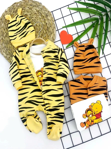 LitaeTrend 3-6-9-12 Ay Pooh Desenli Zebra Çizgili Şapkalı Sweatli 3lü Kız Erkek Bebek Tulumu(sarı) Sarı ürün görseli 1