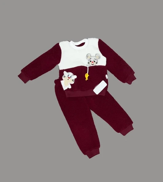 LitaeTrend 1-2-3 Yaş Sallanan Balık Nakışlı Kuzu Kumaş Sweat Pantolon Uzun Kollu Kız Erkek 2 Li Takımı Bordo ürün görseli