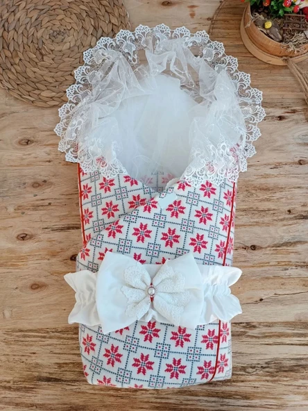 LitaeTrend Yenidoğan Kar Tanesi Desenli Dantelli Duvaklı Bebek Battaniyesi Kundak Ekru ürün görseli 1