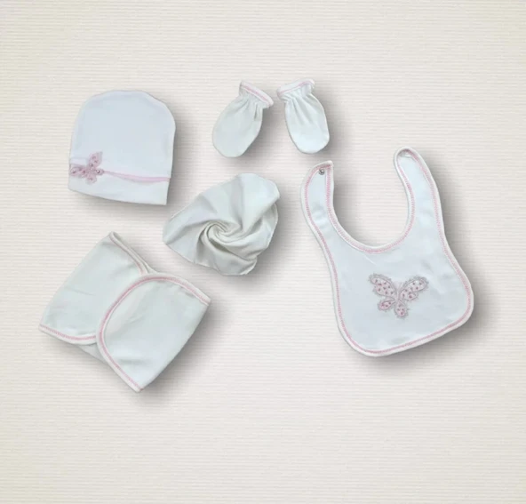 LitaeTrend Uçan Kelebekler Nakışlı  10lu Zıbın Takımı Hastane Çıkışı Pembe - Resim 2