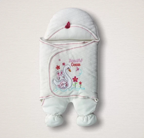LitaeTrend Yenidoğan Çiçekli Ördek Nakışlı Şapkalı Kız Bebek Ayaklı Kundak Bebek Battaniyesi Ekru ürün görseli 1