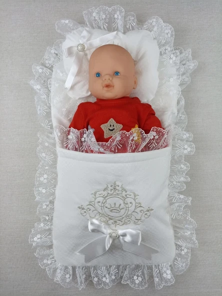 LitaeTrend Yenidoğan Bambu Taç Nakışlı Kundaklı Trilüks 3lü Alt Açma Seti Ekru - Resim 2