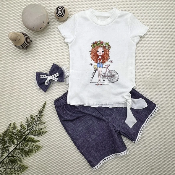 LitaeTrend 1-2-3 Yaş Bisikletli Kız Baskılı Bandanalı Kot Desenli Şort Kısa Kollu Tişört 3lü Kız Bebek Takımı Lacivert ürün görseli 1