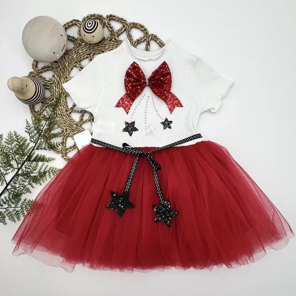 LitaeTrend 1-2-3 Yaş Payetli Yıldız Nakışlı Astarlı Etek Kız Bebek Tütü Elbisesi Ekru ürün görseli 1