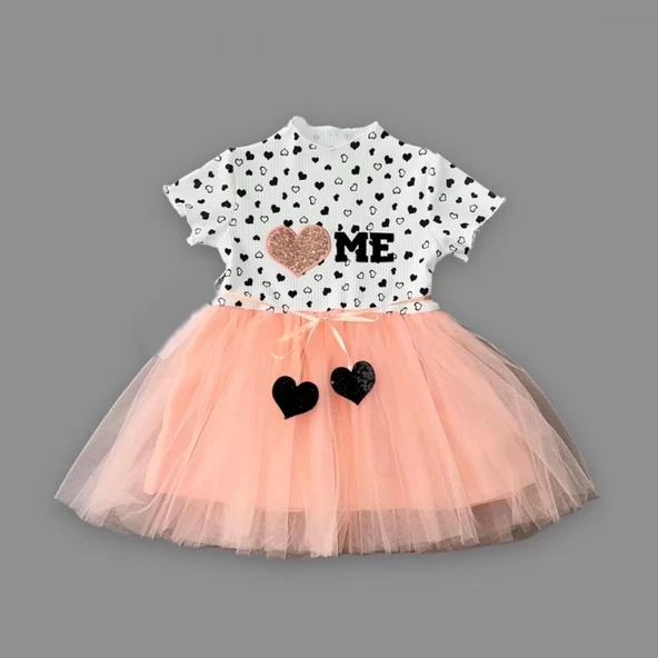 LitaeTrend 1-2-3 Yaş Payetli Kalp Me Baskılı Kız Bebek Elbisesi Pudra - Resim 2