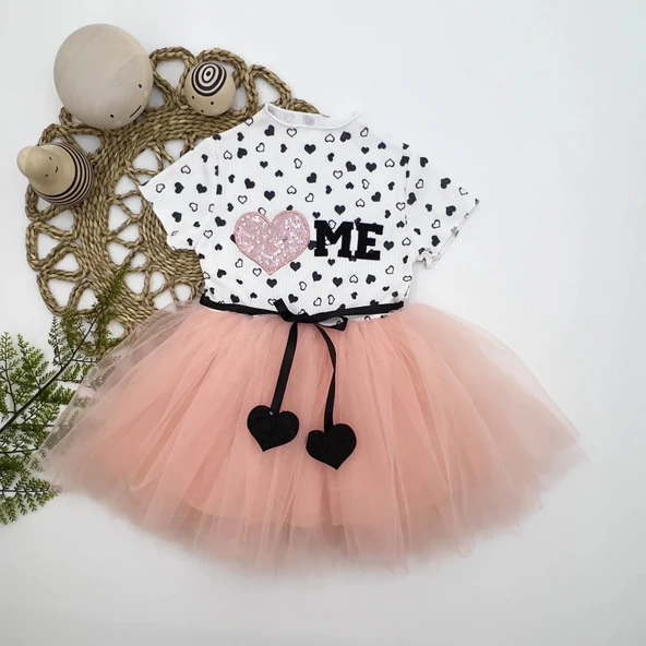 LitaeTrend 1-2-3 Yaş Payetli Kalp Me Baskılı Kız Bebek Elbisesi Pudra ürün görseli 1