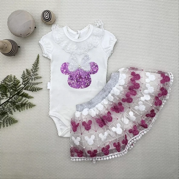 LitaeTrend 1-2-3 Yaş Payetli Mickey Nakışlı Kısa Kollu Brode Etekli 2li Kız Bebek Takımı Fuşya ürün görseli 1