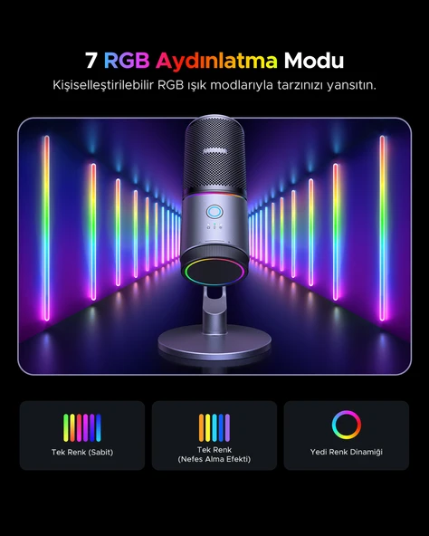 UGREEN Mikrofon 24bit/96kHz Işıklı USB Ses Kontrolü, Yayın, Oyun, Kayıt, PS5 Kondenser Mikrofon, 35629 - Resim 4