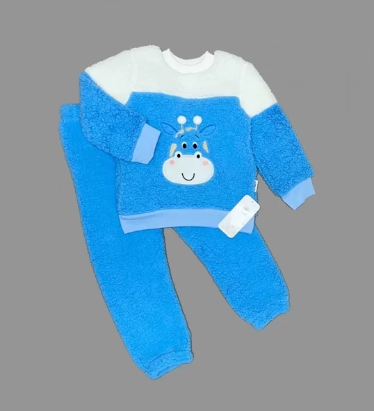 LitaeTrend 1-2-3 Yaş Ponponlu Zürafa Desenli Kuzu Kumaş Uzun Kollu 2li Kız Erkek Çocuk Takımı Saks Mavisi ürün görseli 1