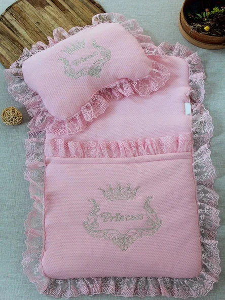 LitaeTrend Yenidoğan Sahra Taç Nakışlı Trilüks 2li Alt Açma Seti Pembe ürün görseli 1