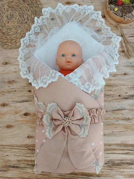 LitaeTrend Yenidoğan Pamuk Papatya Desenli Trilüks Unisex Kundak Bebek Battaniyesi Kahverengi - Resim 2