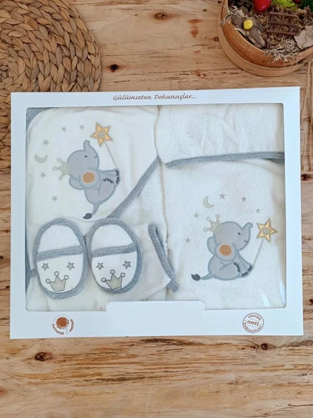 LitaeTrend 0-1 Yaş Sevimli Fil Nakışlı Pareolu 4lü Kız Erkek Bebek Havlu Silgi Takımı Ekru - Resim 2