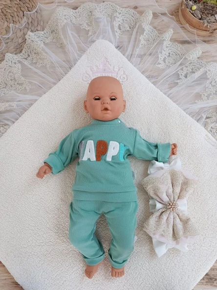 LitaeTrend Yenidoğan Kuzulu Taç Nakış Güpürlü Fiyonklu Duvaklı Prizma Taş Unisex Kundak Bebek Battaniyesi Pembe - Resim 3