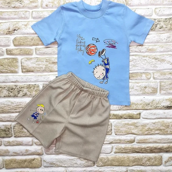 LitaeTrend 1-2-3 Yaş Topçu Erkek Çocuk Baskılı Şortlu Kısa Kollu Tişört 2li Erkek Bebek Takımı Mavi - Resim 2