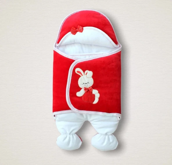 LitaeTrend Yenidoğan Kadife Kumaş Ayıcık Nakışlı Şapkalı Kız Erkek Bebek Ayaklı Kundak Bebek Battaniyesi Kırmızı ürün görseli 1