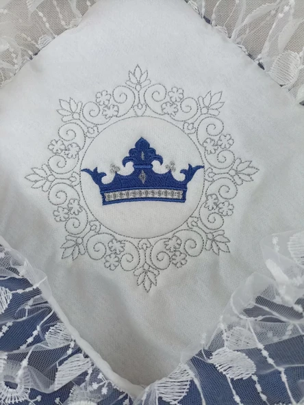 LitaeTrend Yenidoğan Saray Kadife Taç Nakışlı İnci Fiyonklu Dantel Duvak Trilüks Kundak Bebek Battaniye Lacivert - Resim 3