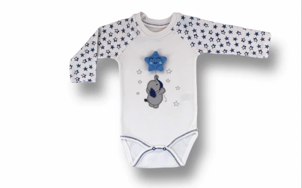 LitaeTrend 3-6 6-9 9-12 Ay Kutup Yıldızı Nakışlı Bandajlı Uzun Kollu Zıbınlı 3lü Erkek Bebek Takımı Ekru - Resim 2