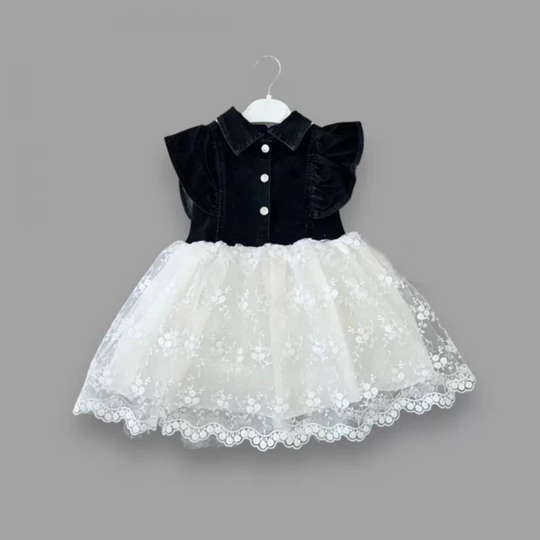 LitaeTrend 2-3-4 Yaş Astarlı Brode Etekli Kot Kumaş Düğmeli Kız Çocuk Elbisesi Siyah ürün görseli 1