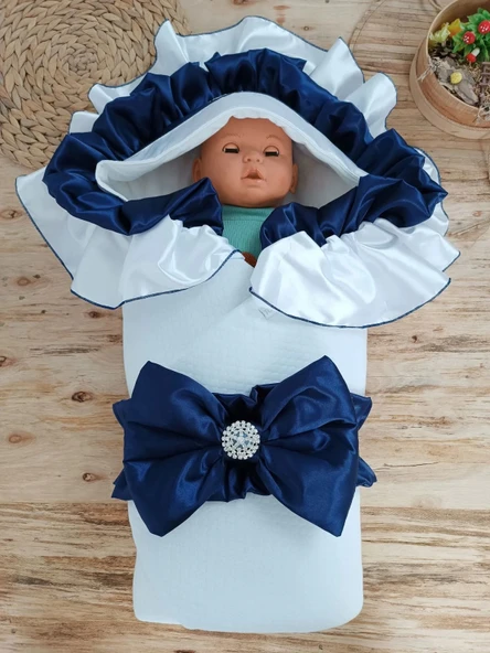 LitaeTrend Yenidoğan Mehtap Lüks Kelebek Taç Nakışlı Bebek Battaniyesi Kundak Lacivert - Resim 2