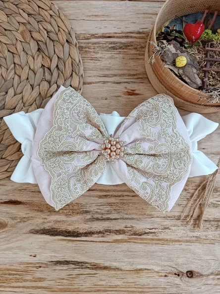 LitaeTrend Yenidoğan Kuzulu Taç Nakış Güpürlü Fiyonklu Duvaklı Prizma Taş Unisex Kundak Bebek Battaniyesi Pembe - Resim 7