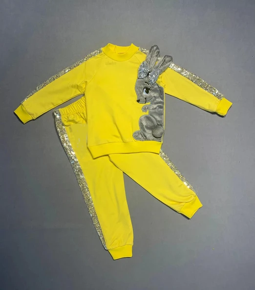 LitaeTrend 1-2-3 Yaş Payetli Pelüş Tavşan Desenli Likra Penye Kumaş Sweat Pantolonlu Kız 2li Çocuk Takımı Sarı ürün görseli 1