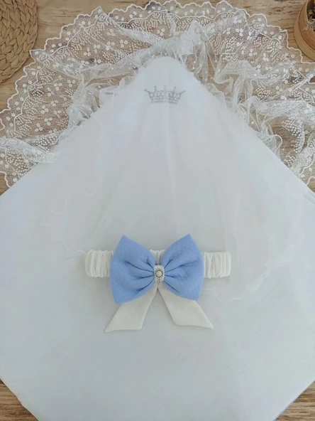 LitaeTrend Bal Peteği My Prince Taç Nakışlı İnci Fiyonklu Dantel Duvaklı Delüks Kundak Bebek Battaniyesi Mavi - Resim 4