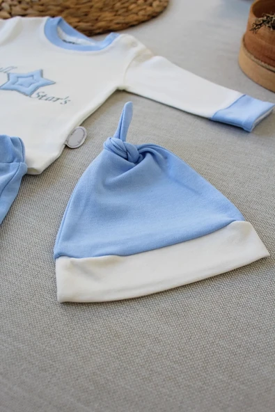 LitaeTrend 3-6 6-9 9-12 Ay Full Star Nakışlı Şapkalı Uzun Kollu Sweat 3lü Erkek Bebek Takımı Mavi - Resim 4