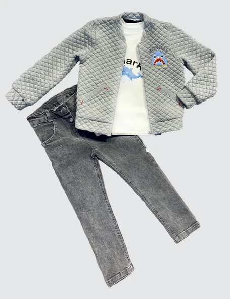 LitaeTrend 4-5-6 Yaş Kot Pantolonlu Pilot Mont Uzun Kollu Penye Sweat 3lü Erkek Çocuk Takımı Gri ürün görseli 1