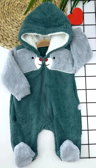 LitaeTrend 6-9-12-18 Ay Boydan Fermuarlı Welsoft Tüylü Kumaş Kapşonlu Patikli Kız Erkek Bebek Tulumu Petrol Mavisi ürün görseli 1