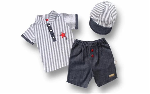 LitaeTrend 6-9 9-12 12-18 Ay Vip Yaka Şapkalı Kısa Kollu Sweat 3lü Erkek Bebek Takımı Gri ürün görseli 1