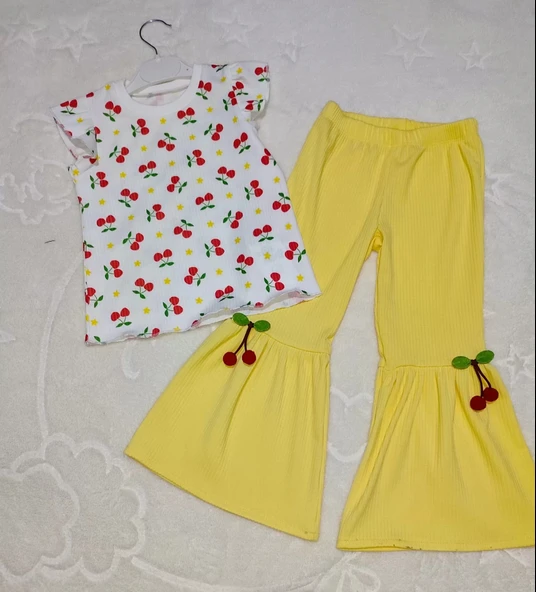 LitaeTrend 1-2-3-4 Yaş Kiraz Baskılı Tişört İspanyol Paçalı Likralı 2li Kız Çocuk Takımı Sarı ürün görseli 1