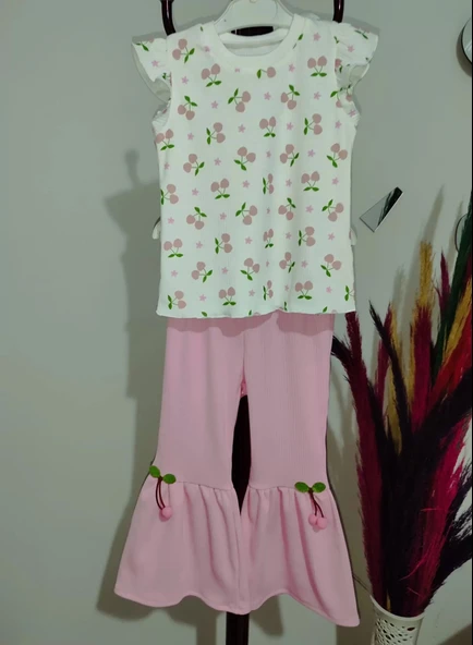 LitaeTrend 1-2-3-4 Yaş Kiraz Baskılı Tişört İspanyol Paçalı Likralı 2li Kız Çocuk Takımı Pembe - Resim 4