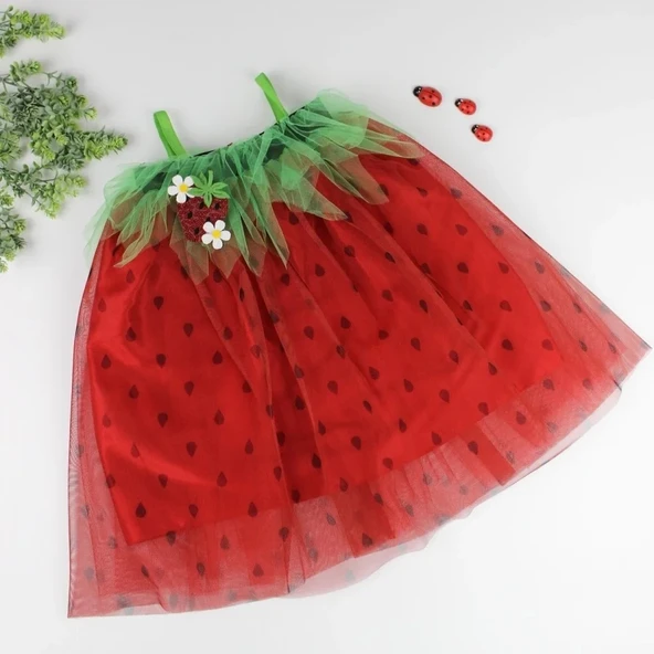 LitaeTrend 2-3-4 Yaş Askılı Çilek Kostüm Kız Çocuk Elbise Kırmızı ürün görseli 1