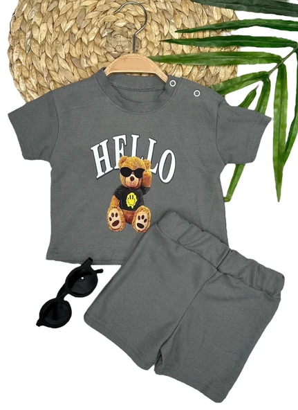 LitaeTrend 9-12-18-24 Ay Hello Gözlüklü Ayıcık Baskılı Şortlu Kısa Kollu Tişört 2li Erkek Bebek Takımı ürün görseli 1