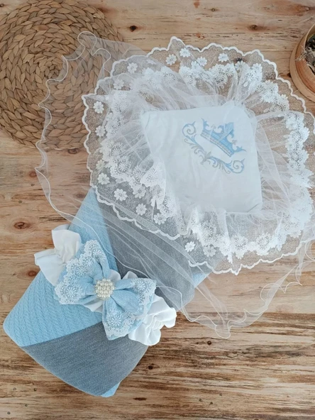 LitaeTrend Yenidoğan Teri Cotton Taç Nakışlı Prizma Taş Kundak Bebek Battaniyesi Mavi ürün görseli 1