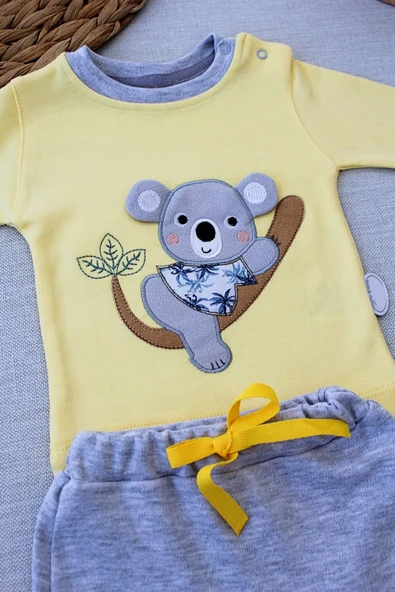 LitaeTrend 3-6 6-9 9-12 12-18 Ay Yavru Koala Nakışlı Uzun Kollu Sweat 2li Kız Erkek Bebek Takımı Sarı - Resim 2