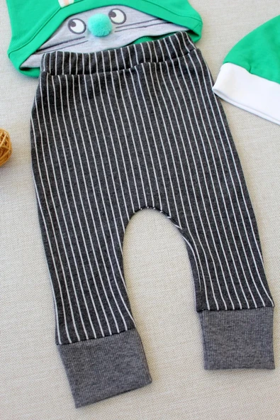 LitaeTrend 3-6 6-9 9-12 Ay Şımarık Tavşan Nakışlı Şapkalı Uzun Kollu Sweat 3lü Kız-erkek Bebek Takımı Yeşil - Resim 3