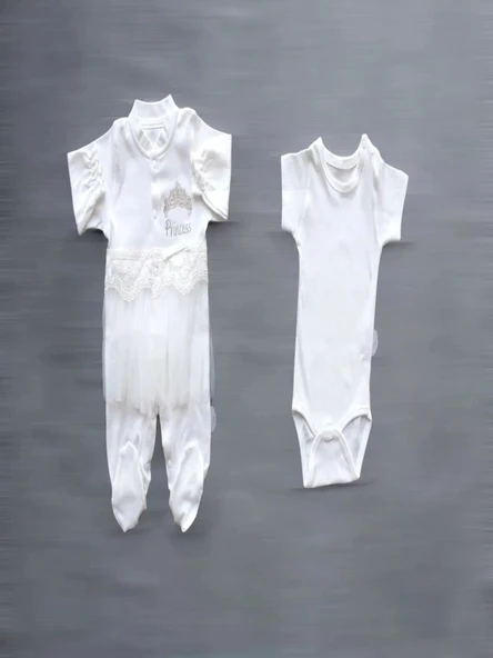 LitaeTrend Taçlı Prensesim Nakışlı  10lu Zıbın Takımı Hastane Çıkışı Ekru - Resim 2