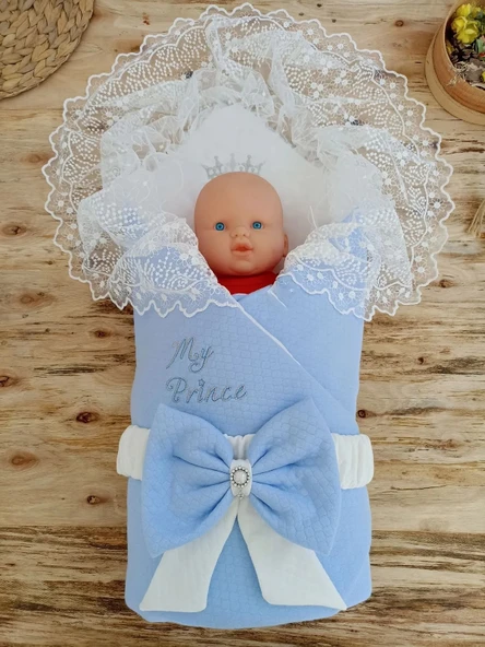 LitaeTrend Bal Peteği My Prince Taç Nakışlı İnci Fiyonklu Dantel Duvaklı Delüks Kundak Bebek Battaniyesi Mavi - Resim 2