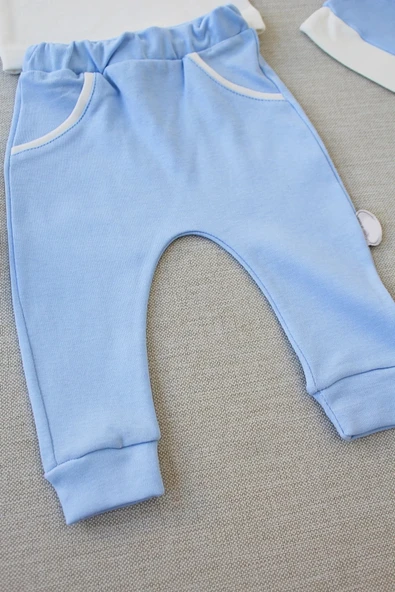 LitaeTrend 3-6 6-9 9-12 Ay Full Star Nakışlı Şapkalı Uzun Kollu Sweat 3lü Erkek Bebek Takımı Mavi - Resim 3