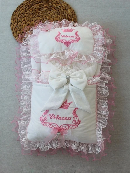 LitaeTrend Yenidoğan Nil Taç Nakışlı Kundaklı Trilüks 3lü Alt Açma Seti Fuşya - Resim 2