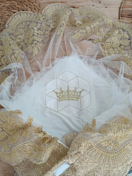 LitaeTrend Yenidoğan Ultralüks Piramit Desenli Güpürlü Bebek Battaniyesi Kundak Gold - Resim 2