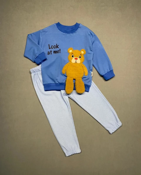 LitaeTrend 2-3-4 Yaş Ayıcık Sallanan Ayak Desenli Likra Penye Kumaş Sweat Pantolonlu Kız Erkek 2li Çocuk Takımı İndigo ürün görseli 1