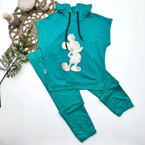 LitaeTrend 3-4-5 Yaş Kapşonlu Payetli Mickey Desenli Kısa Kol 2li Kız Erkek Çocuk Takımı Turkuaz ürün görseli 1