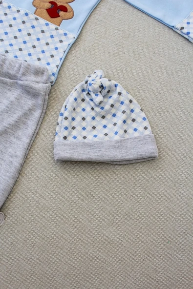 LitaeTrend 3-6 9-12 12-18 Ay Romantik Ayıcık Nakışlı Şapkalı Uzun Kollu Sweatli 3lü Kız-erkek Bebek Takımı Mavi - Resim 4