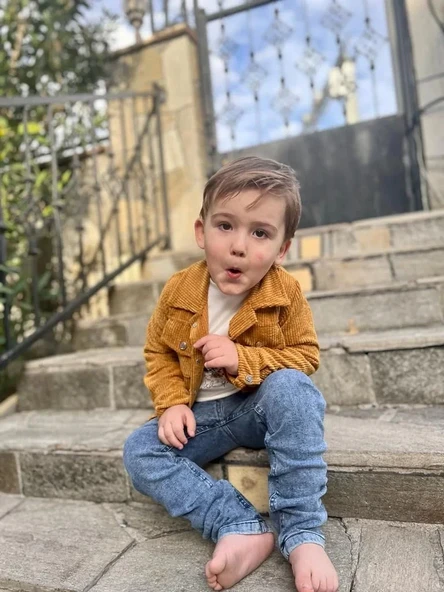 LitaeTrend 3-4-5 Yaş Fitilli Kadife Ceket Kot Pantolonlu 3lü Kız Erkek Çocuk Takımı Kiremit - Resim 2