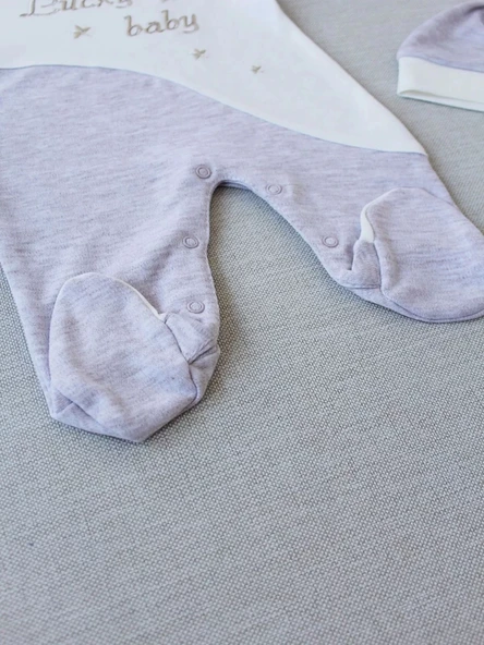 LitaeTrend 0-3 3-6 Ay Lucky Turk Nakışlı Es Çizgi Boy Şapkalı Erkek Bebek Tulumu Kahvemelanj - Resim 3