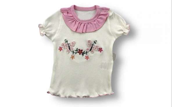 LitaeTrend 6-9 9-12 12-18 Ay Çiçek Nakışlı Roman Şalvar Bandanalı Kısa Kollu Sweat 3lü Kız Bebek Takımı Pembe - Resim 2