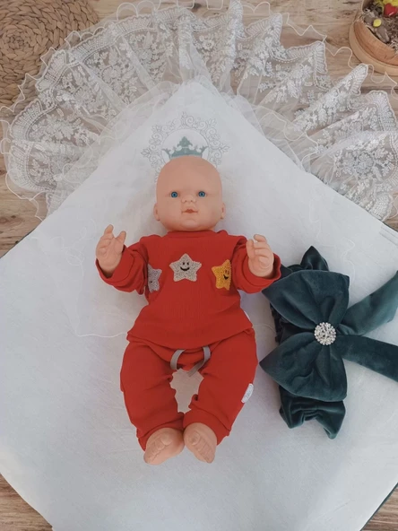 LitaeTrend Yenidoğan Saray Kadife Taç Nakışlı İnci Fiyonklu Dantel Duvak Trilüks Kundak Bebek Battaniye Yeşil - Resim 3